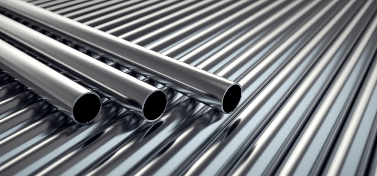 Shiny galvanized iron pipes (GI pipes) stacked in an industrial environment