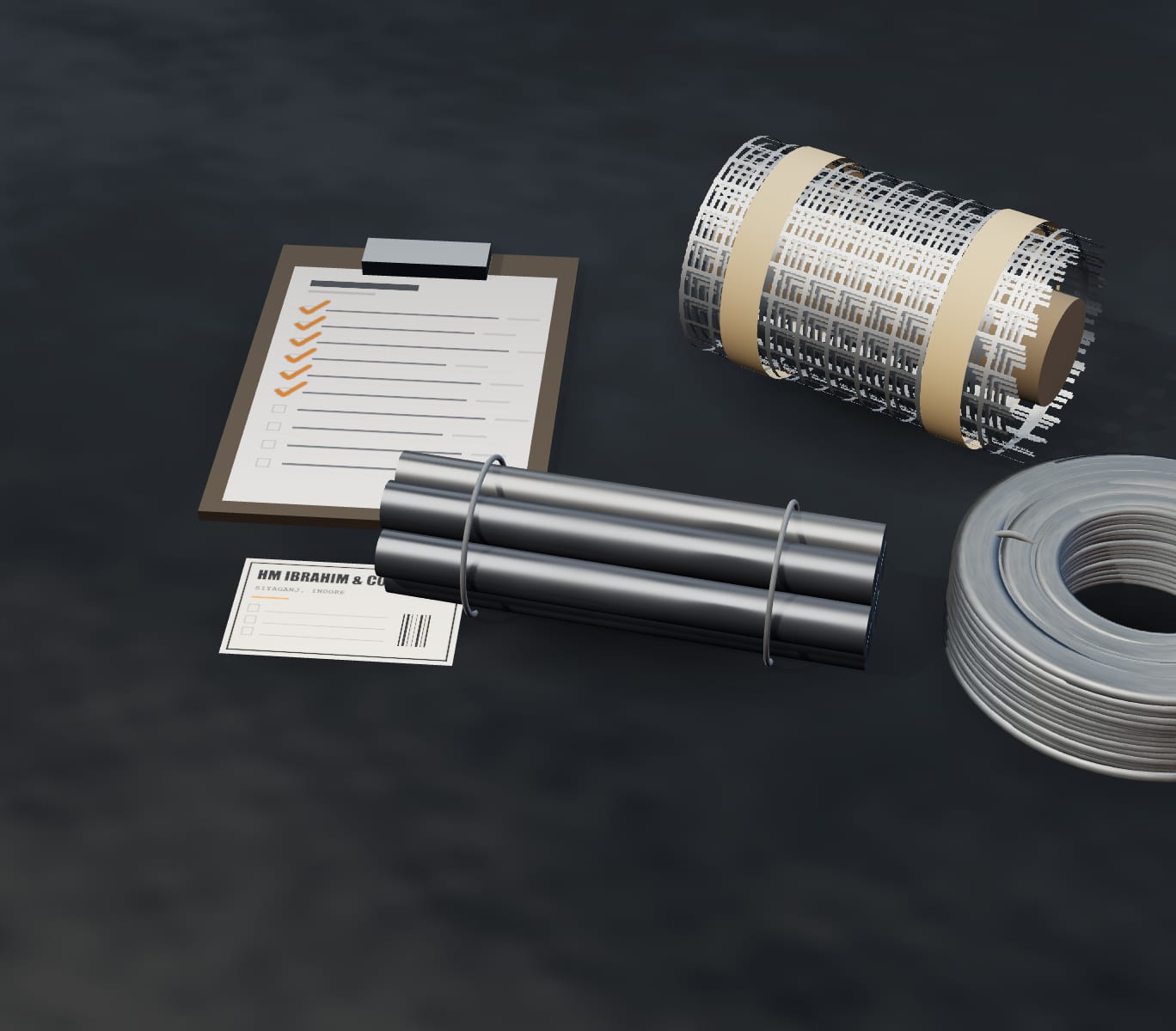 A tied bundle of steel sections and a packing label, ready to collect